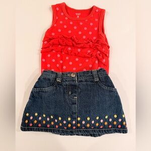 Carter's Red Top and Boutique Denim Skirt Set with Colorful Dots, 18-24m